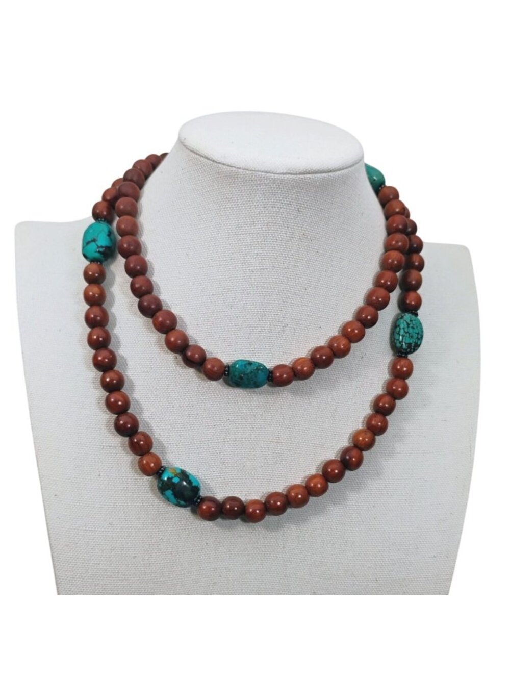 Signed Peyote Bird Designs Turquoise Nugget & Wood Bead Extra Long Necklace 36" - Picture 4 of 10